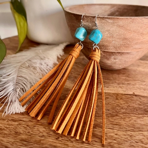 Turquoise Tassel Earrings - Picture 2 of 3